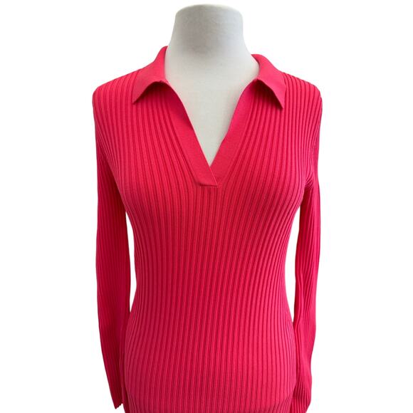 Helmut Lang Hot Pink Ribbed Knit Collared Mini Dress M Long Sleeve Bodycon Sexy - Picture 2 of 9